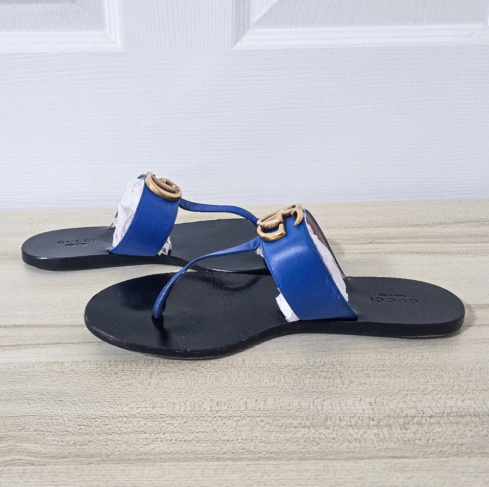 Gucci GG Marmont Calfskin Leather Thong Sandals In Electric Blue Size 37 - Picture 12 of 14